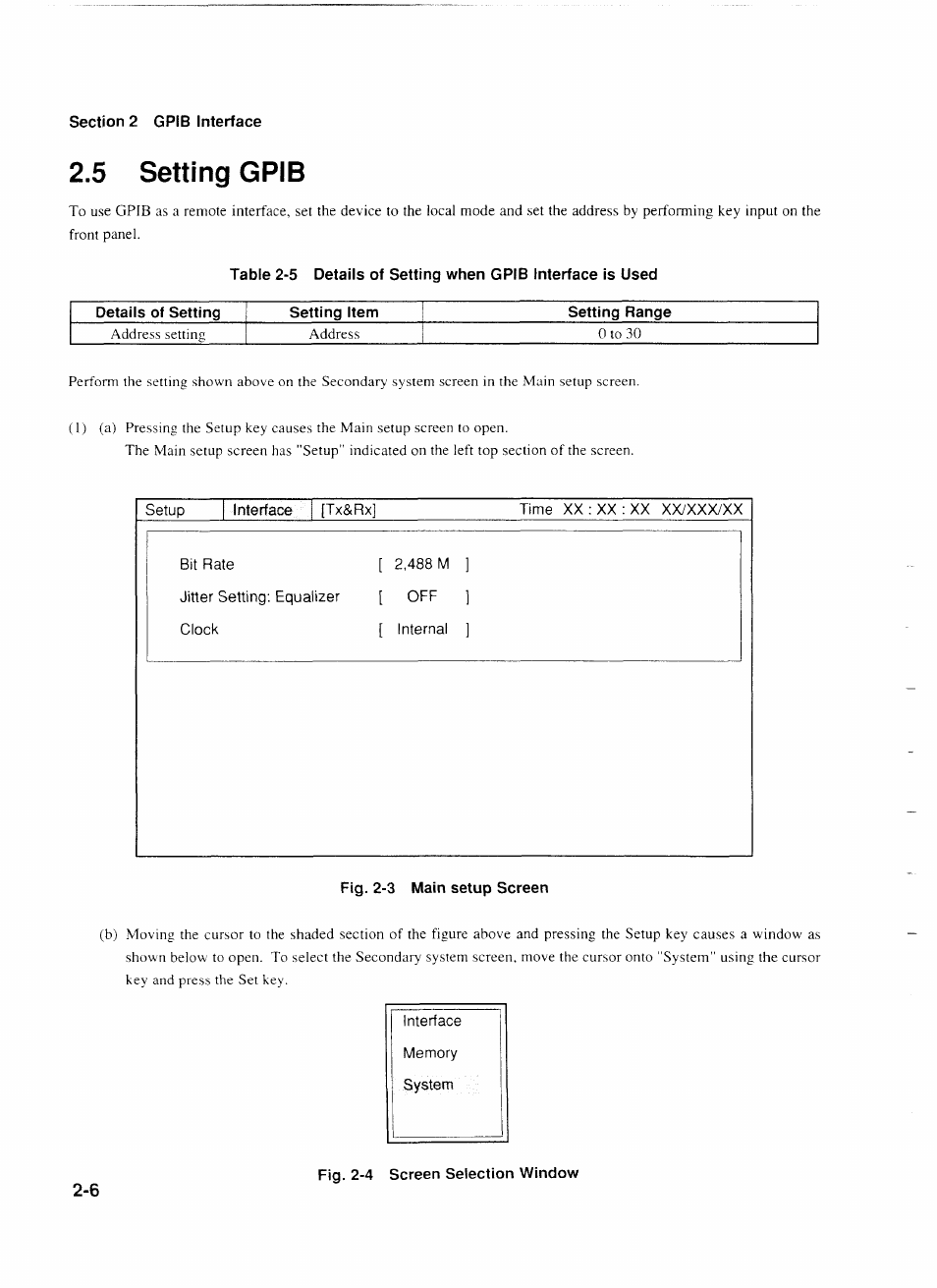 5 setting gpib, Setup, Interface [tx&rx | Time xx ; xx : xx xx/xxx/xx, Fig. 2-3 main setup screen, 5 setting gpib -6 | Anritsu MP1777A User Manual | Page 23 / 132