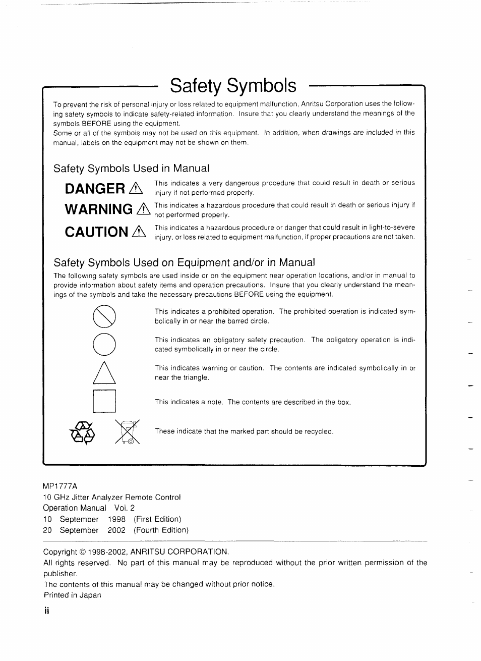 Safety symbols, Safety symbols used in manual, Safety symbols used on equipment and/or in manual | Anritsu MP1777A User Manual | Page 3 / 132