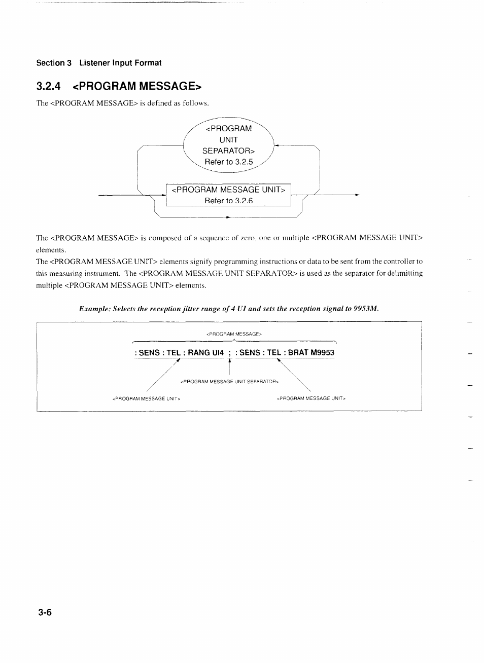Section 3 listener input format, 4 <program message, Sens : tel : rang u14 ; : sens : tel : brat m9953 | Program message> -6 | Anritsu MP1777A User Manual | Page 33 / 132