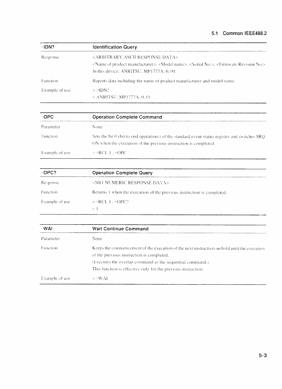 Identification query, Operation complete query, Wait continue command | Anritsu MP1777A User Manual | Page 54 / 132