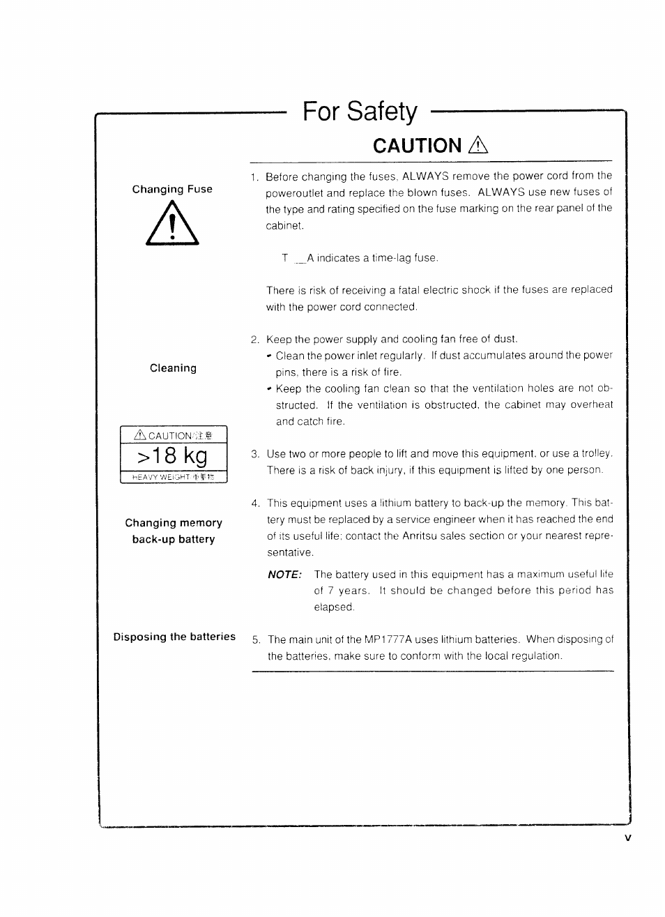 Changing fuse, Cleaning, Changing memory back-up battery | Disposing the batteries, Caution a, For safety, 18 kg, Caution | Anritsu MP1777A User Manual | Page 6 / 132
