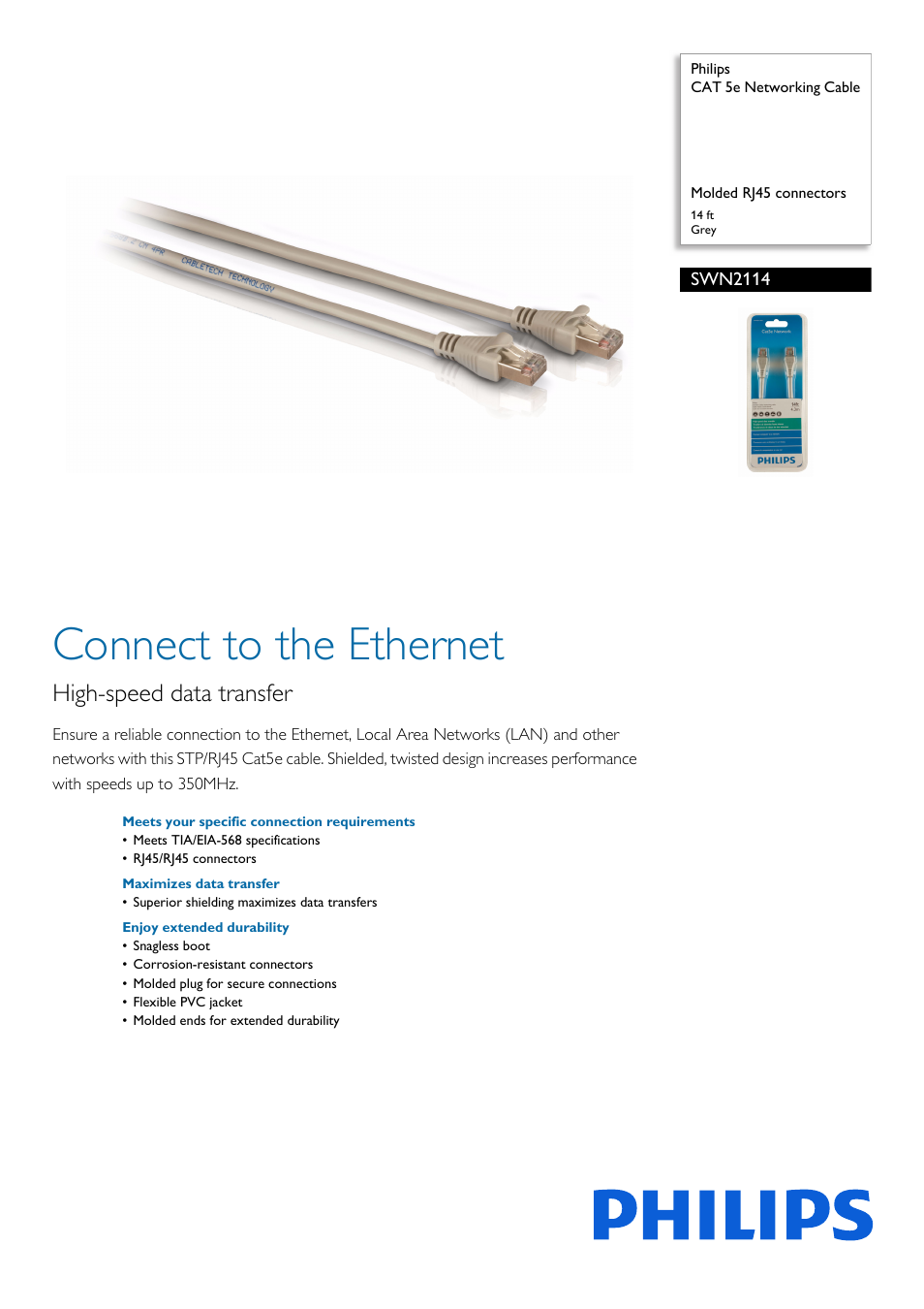 Philips CAT 5e Networking Cable SWN2114 Molded RJ45 connectors 14 ft Grey User Manual | 2 pages
