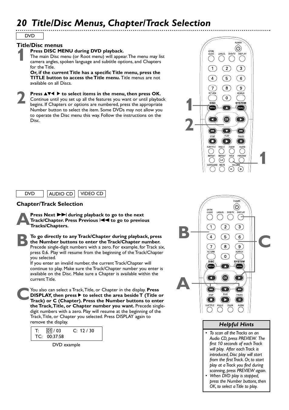 21 1 b c a, 20 title/disc menus, chapter/track selection | Philips DVD727AT-17 User Manual | Page 20 / 52