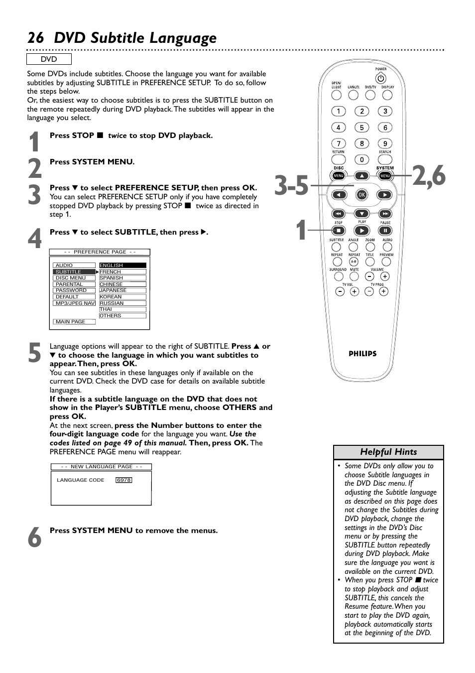 26 dvd subtitle language | Philips DVD727AT-17 User Manual | Page 26 / 52