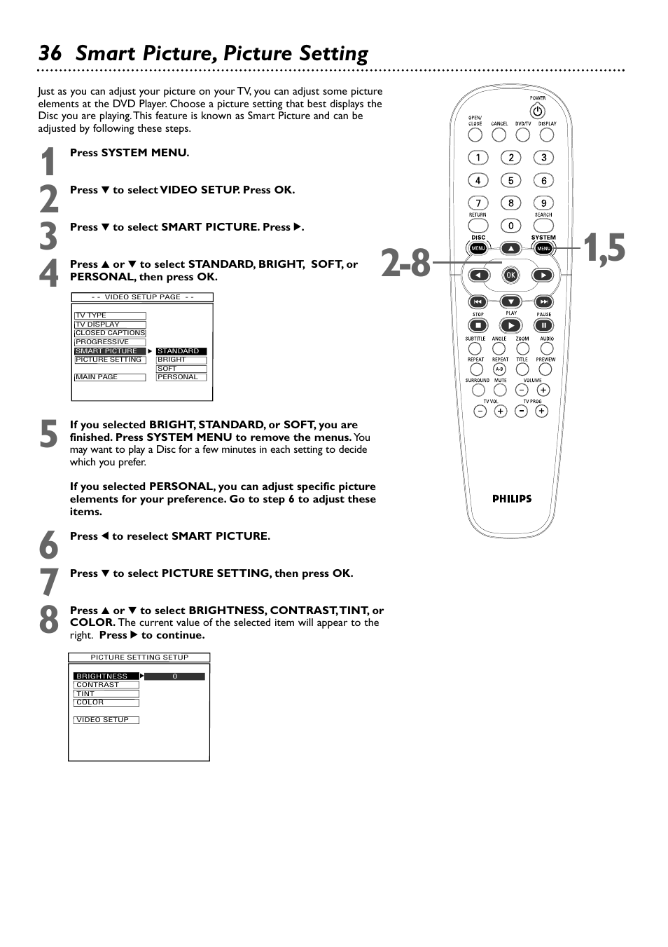 36 smart picture, picture setting | Philips DVD727AT-17 User Manual | Page 36 / 52