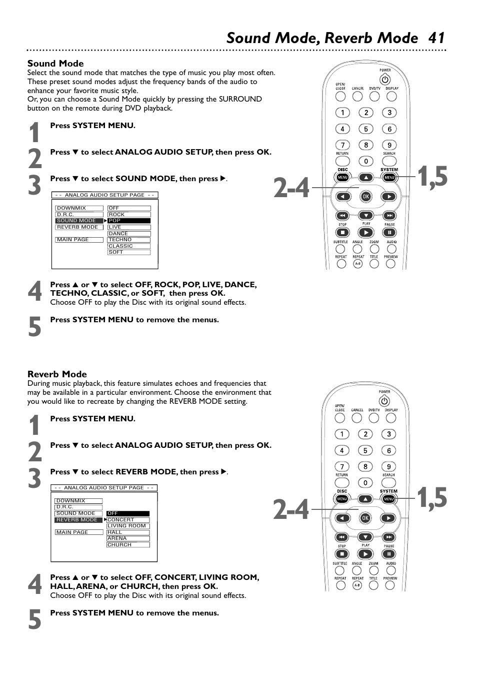 Sound mode, reverb mode 41 | Philips DVD727AT-17 User Manual | Page 41 / 52