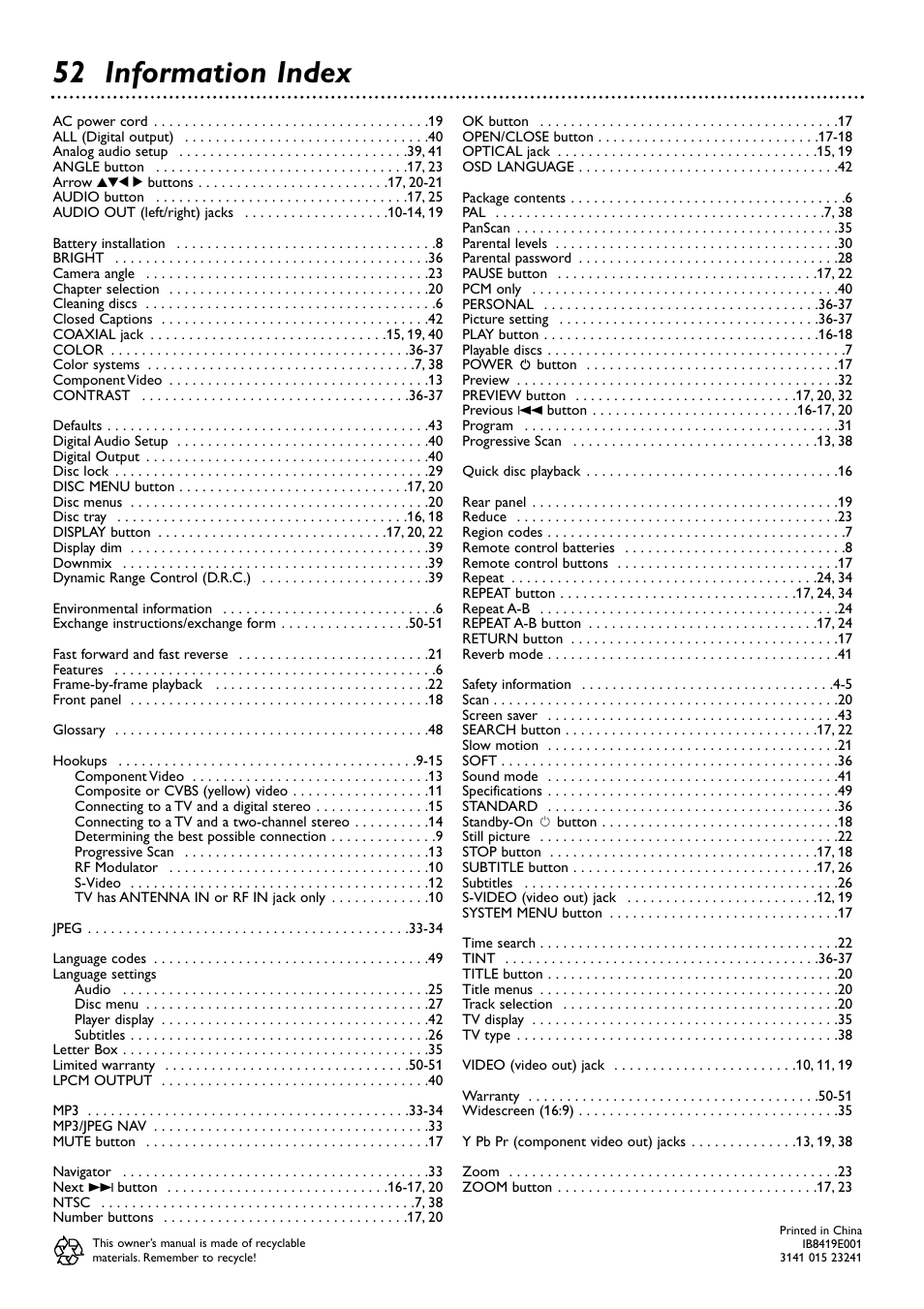 52 information index | Philips DVD727AT-17 User Manual | Page 52 / 52