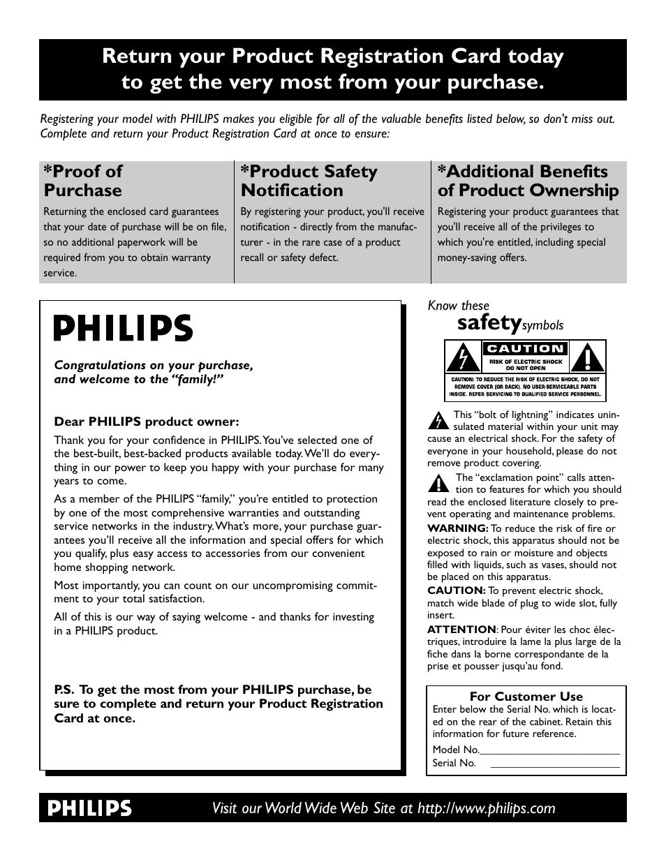 Safety, Proof of purchase, Product safety notification | Additional benefits of product ownership | Philips 26PF9966-37 User Manual | Page 2 / 47