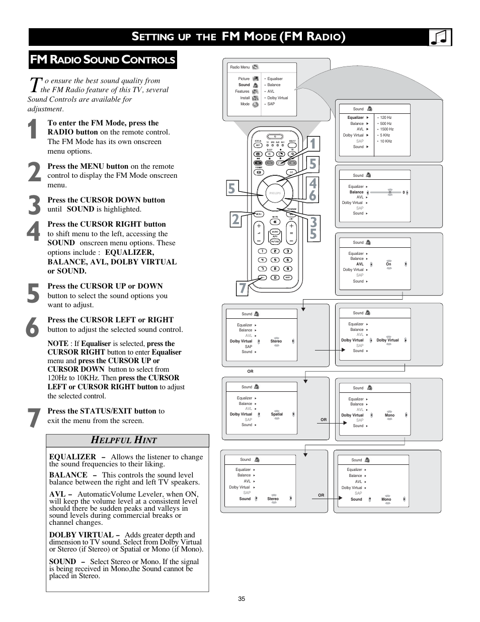 Fm m, Fm r, Etting up the | Adio, Ound, Ontrols, Elpful | Philips 26PF9966-37 User Manual | Page 35 / 47