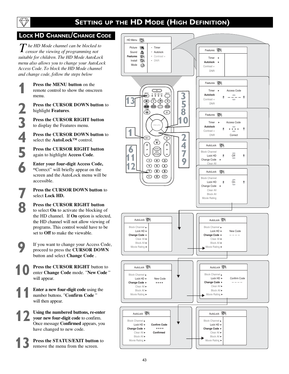 Hd m, Hd c, Etting up the | Efinition | Philips 26PF9966-37 User Manual | Page 43 / 47