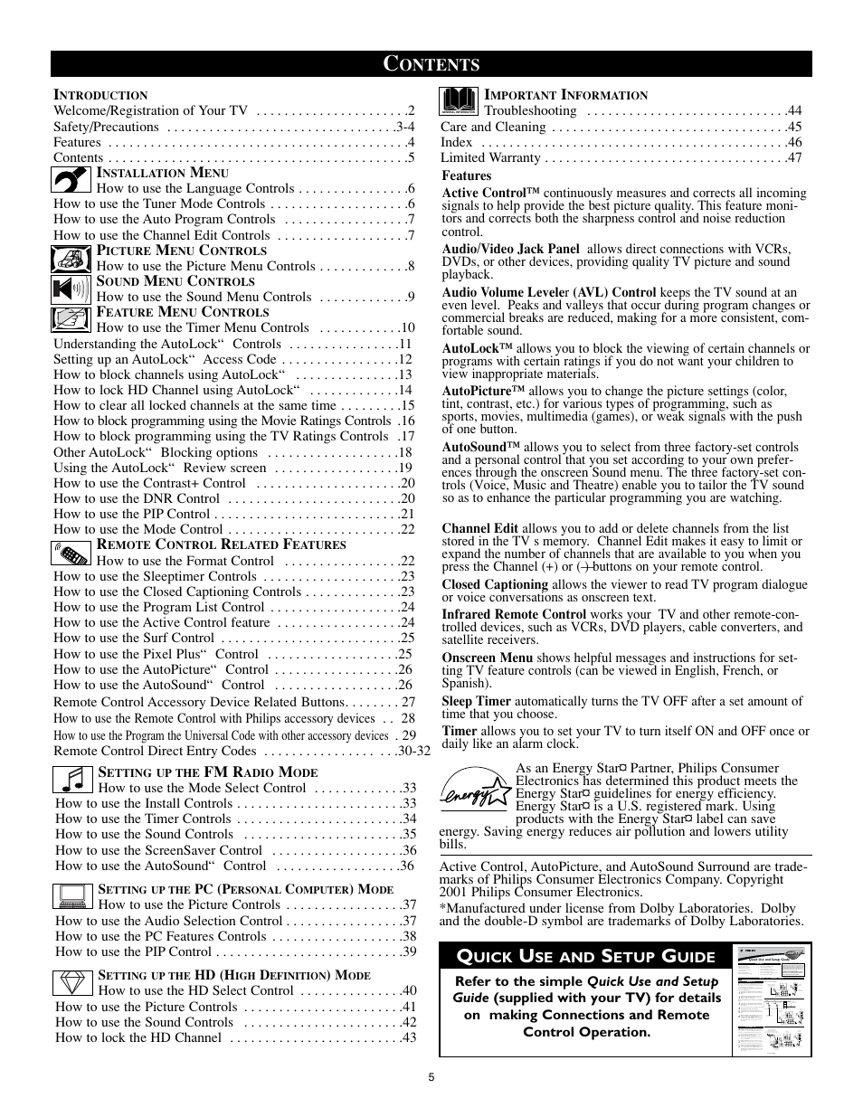 Ontents, Fm r | Philips 26PF9966-37 User Manual | Page 5 / 47
