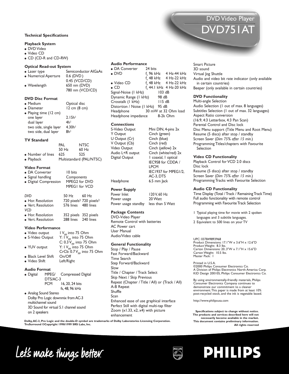 Dvd751at, Dvd video player | Philips DVD751AT99 User Manual | Page 2 / 2