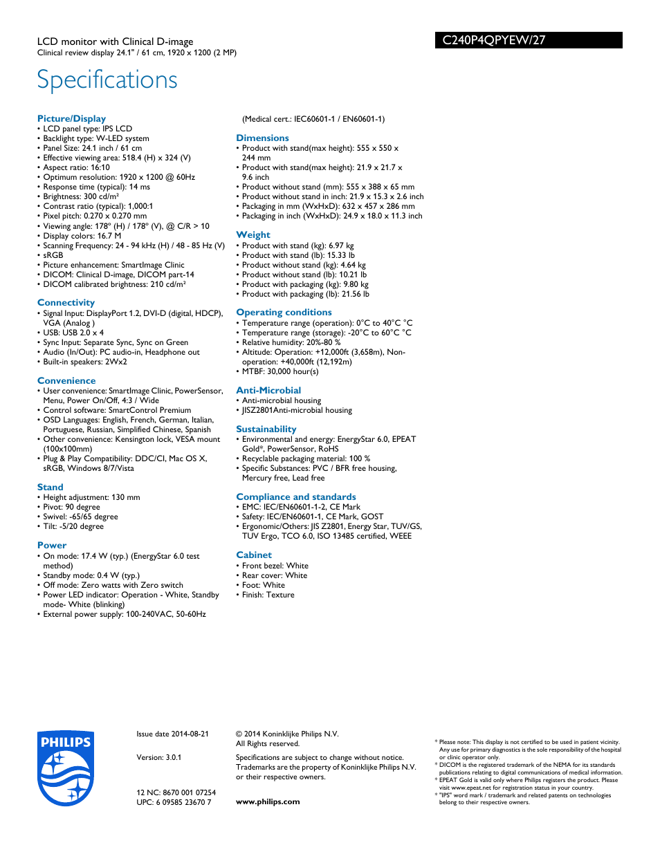 Specifications | Philips C240P4QPYEW-27 User Manual | Page 3 / 3