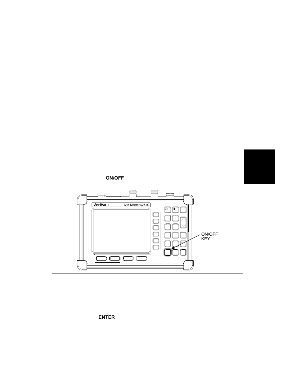 Chapter 3 - getting started, Introduction 3-1, Power on procedure 3-1 | Introduction -1 power on procedure -1, Chapter 3 getting started, Introduction, Power on procedure, On/off key figure 3-1. site master on/off key | Anritsu S251C User Manual | Page 38 / 83