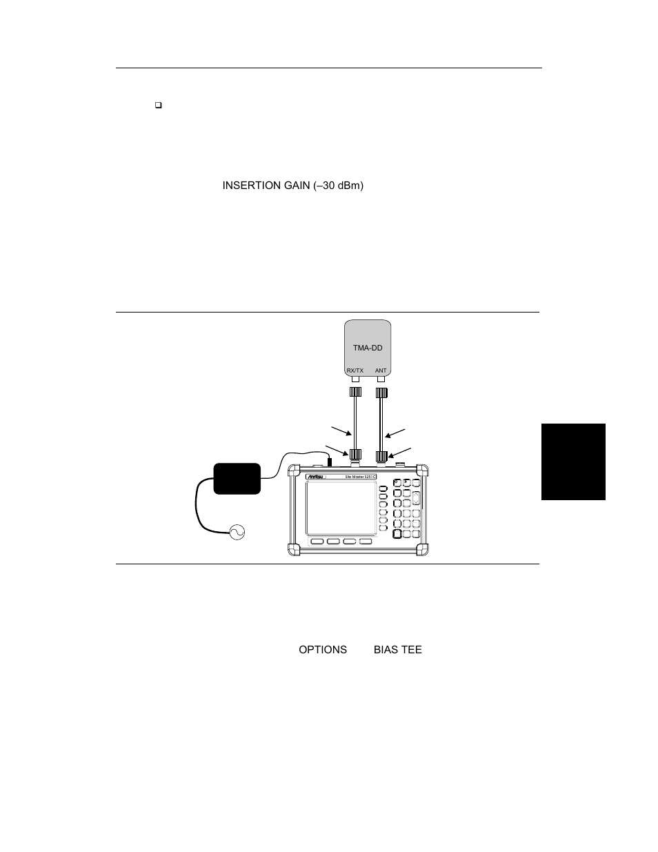 Device under test, Step 4. press the, Chapter 4 measurements | Mode, Enter, Freq/dist, Marker, Figure 4-11. tma-dd measurement setup | Anritsu S251C User Manual | Page 62 / 83