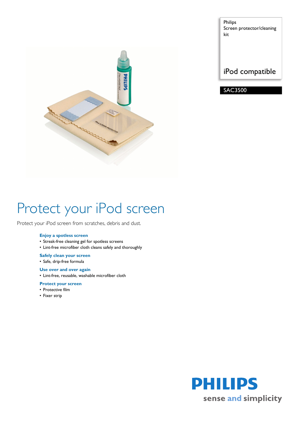 Philips Screen protector-cleaning kit SAC3500 iPod compatible User Manual | 2 pages