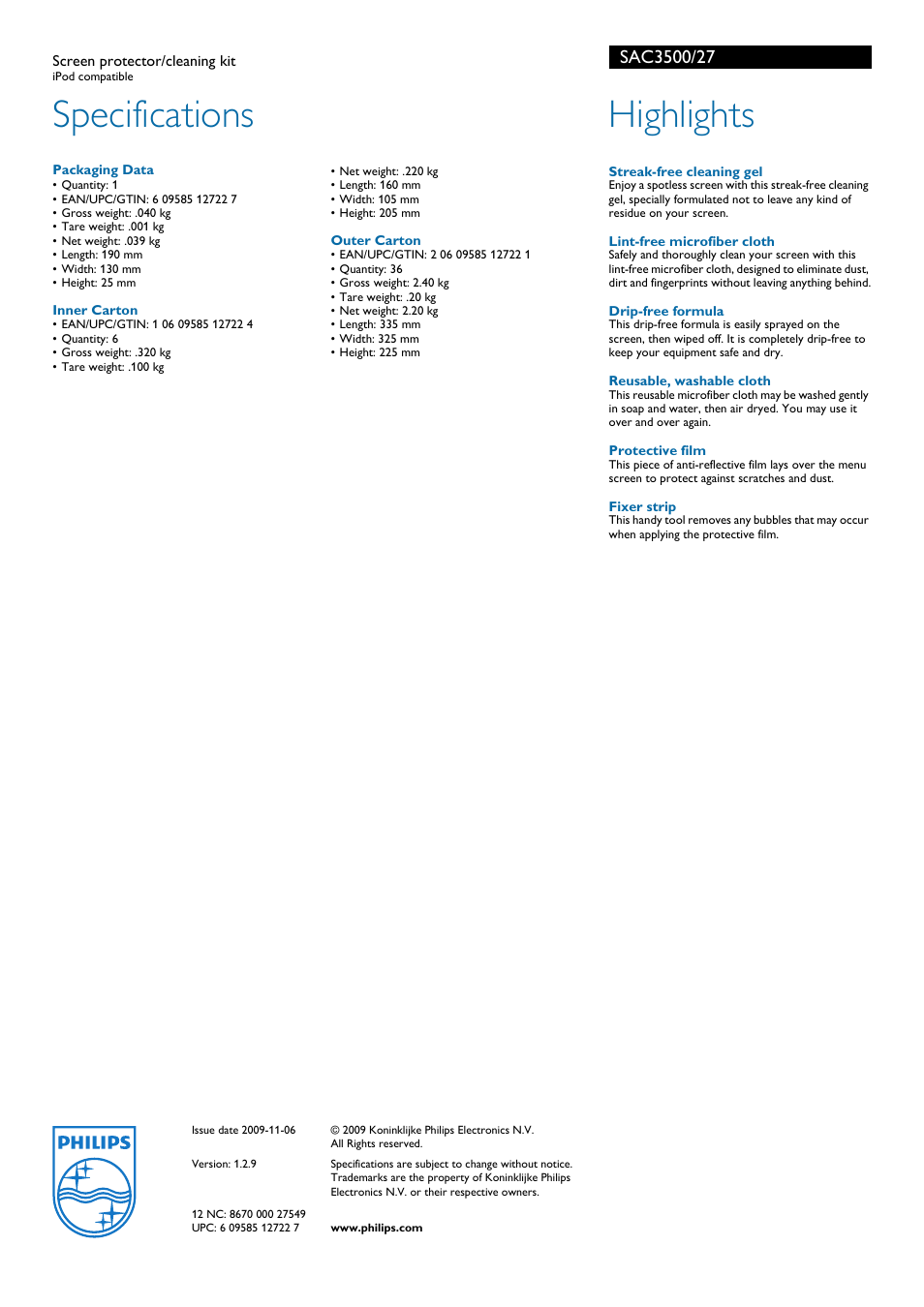 Specifications, Highlights | Philips Screen protector-cleaning kit SAC3500 iPod compatible User Manual | Page 2 / 2