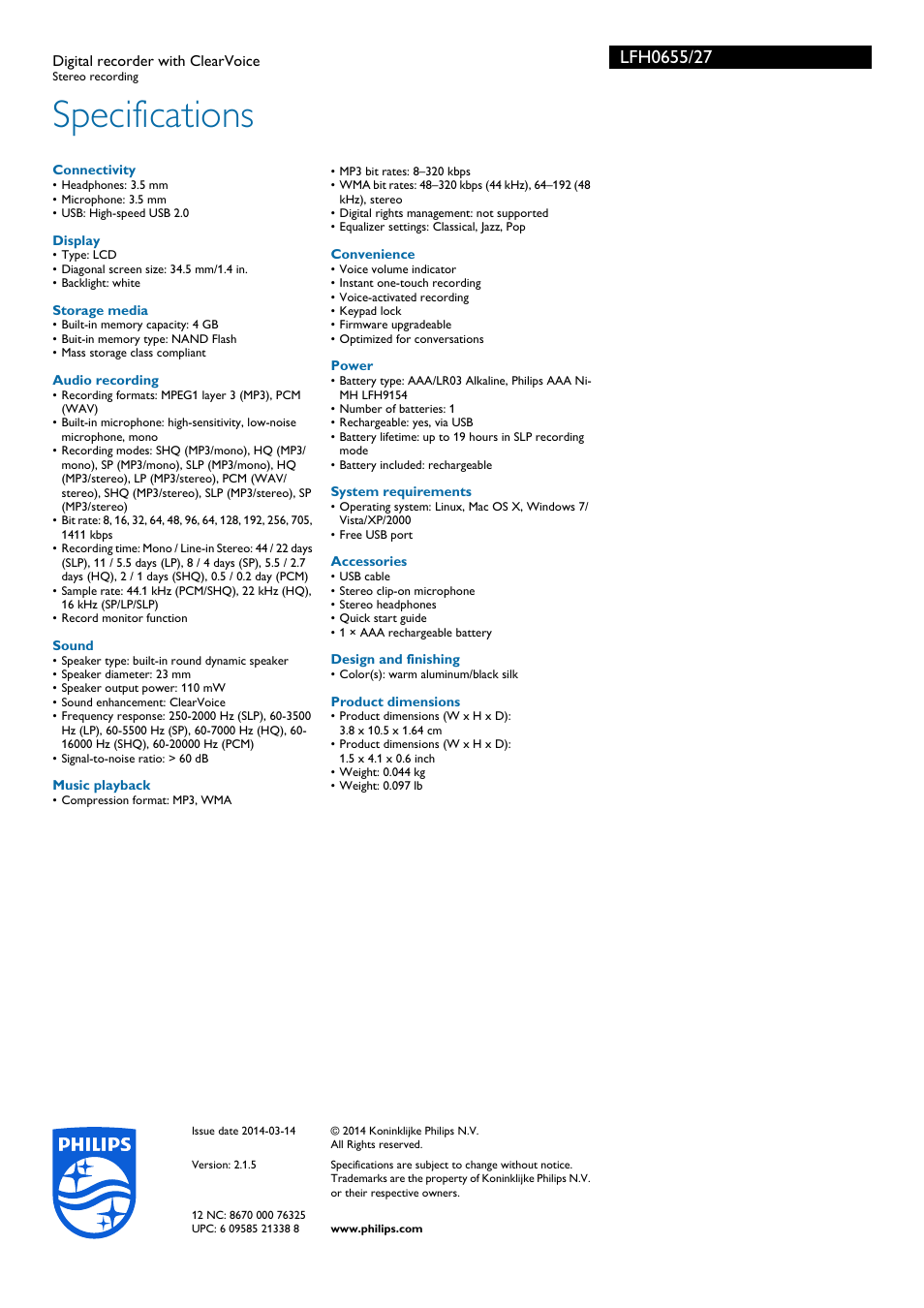 Specifications | Philips LFH0655-27 User Manual | Page 3 / 3