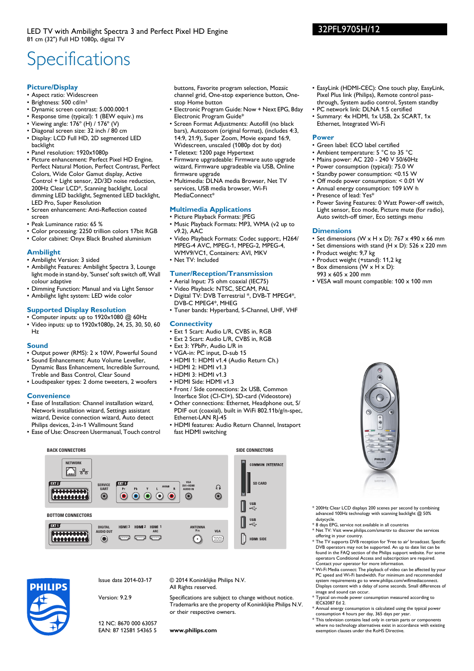 Specifications | Philips 32PFL9705H-12 User Manual | Page 3 / 3