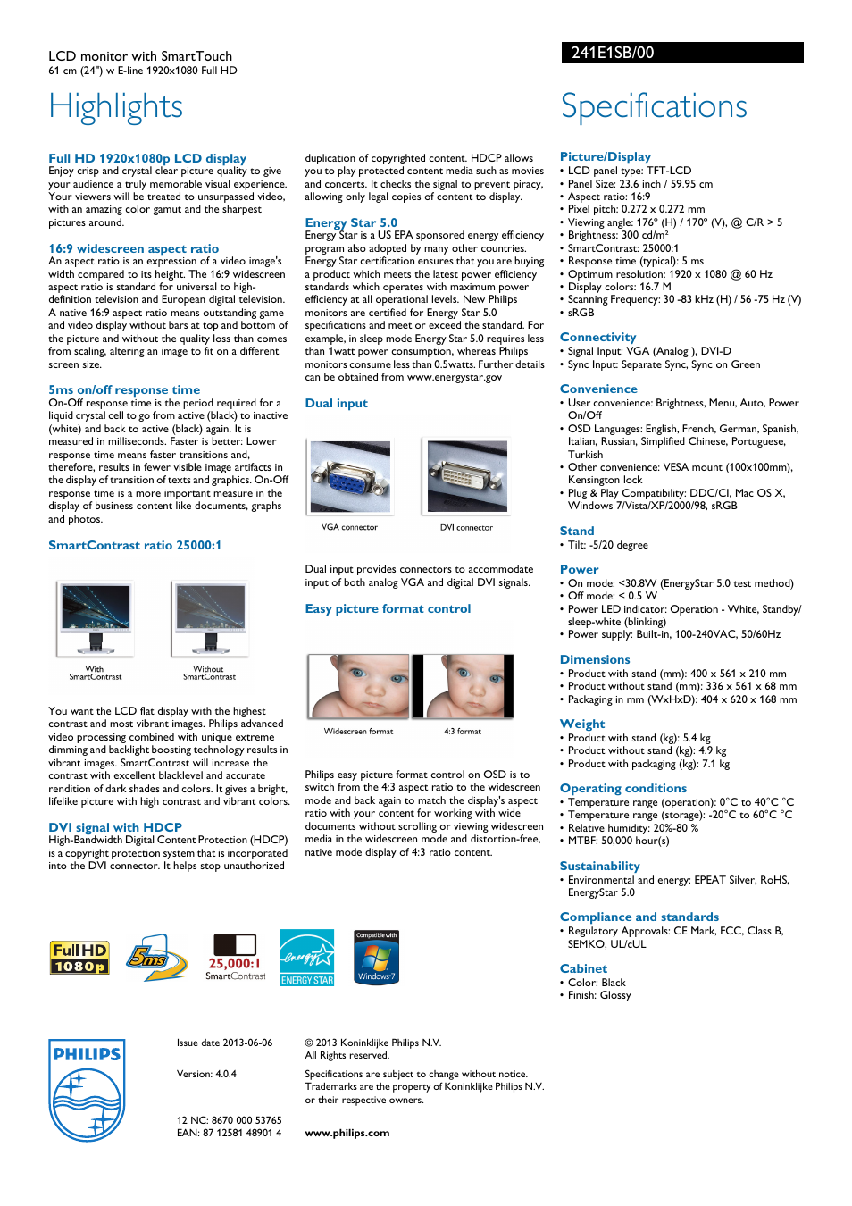 Highlights, Specifications | Philips 241E1SB-00 User Manual | Page 2 / 2