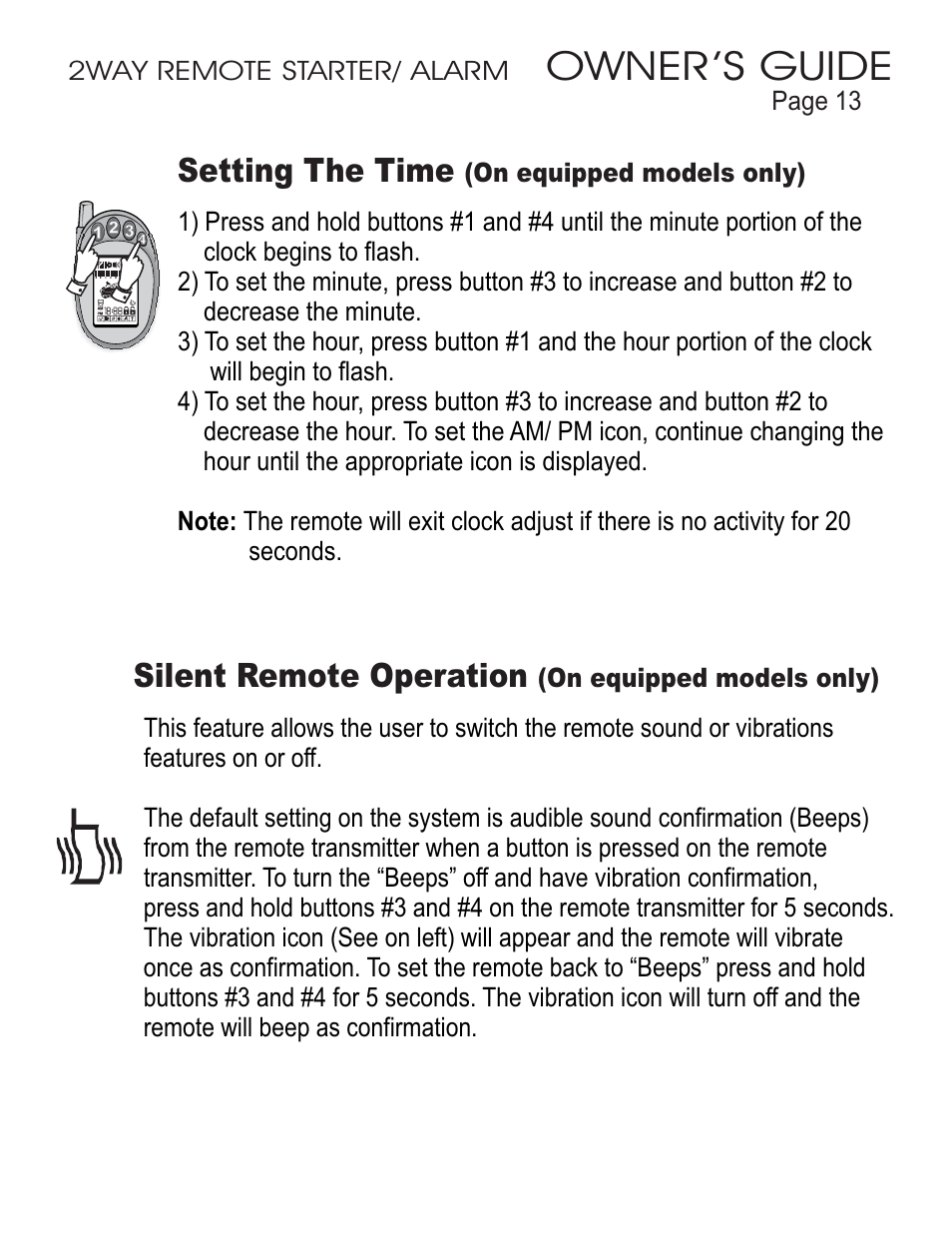Owner’s guide, Setting the time, Silent remote operation | Ultra Start 45xx Series User Manual | Page 13 / 16