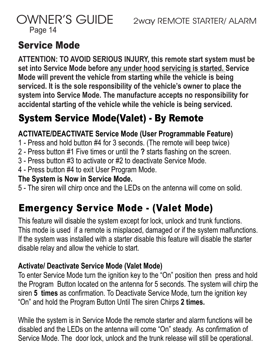 Owner’s guide, Emergency service mode - (valet mode), System service mode(valet) - by remote | Service mode | Ultra Start 45xx Series User Manual | Page 14 / 16