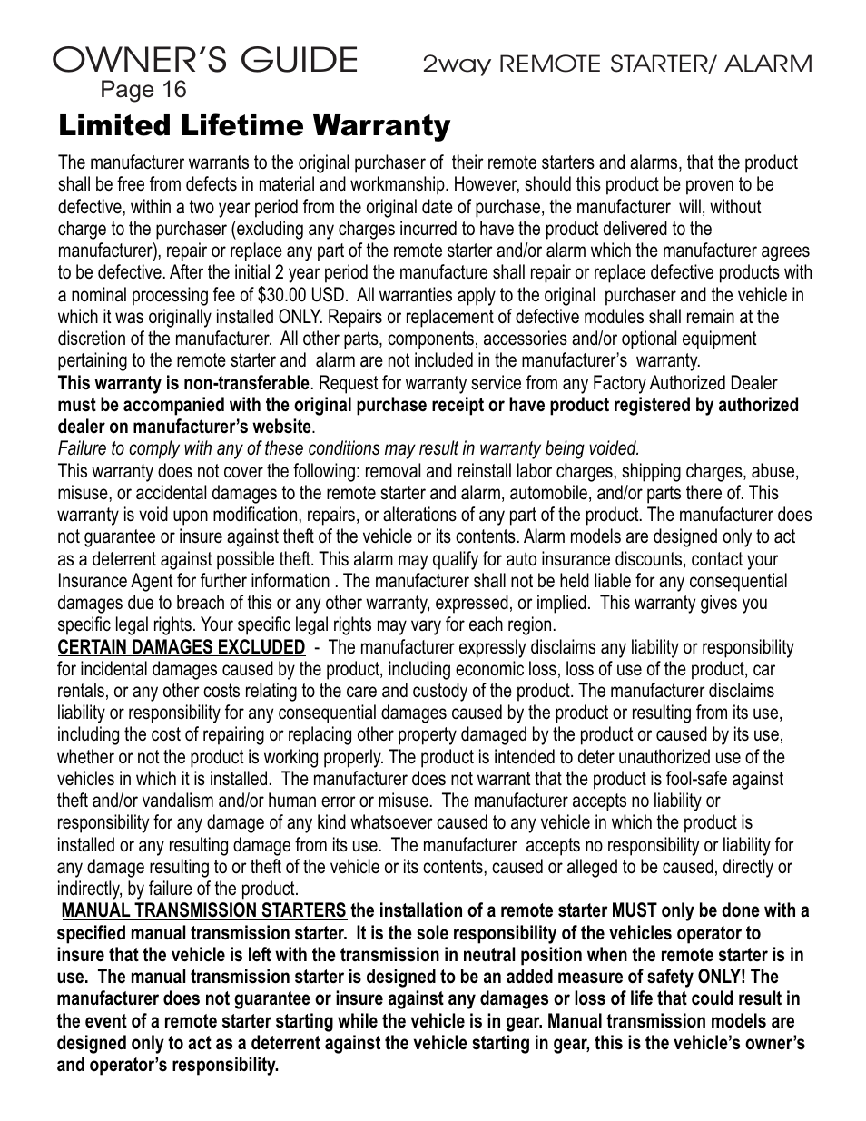 Owner’s guide, Limited lifetime warranty | Ultra Start 45xx Series User Manual | Page 16 / 16