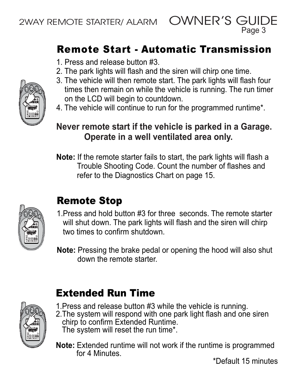 Owner ’s guide, Remote start - automatic transmission, Remote stop | Extended run time | Ultra Start 45xx Series User Manual | Page 3 / 16