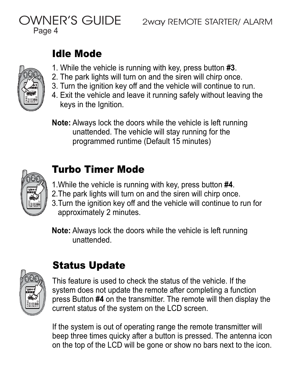 Owner’s guide, Idle mode, Turbo timer mode status update | Ultra Start 45xx Series User Manual | Page 4 / 16
