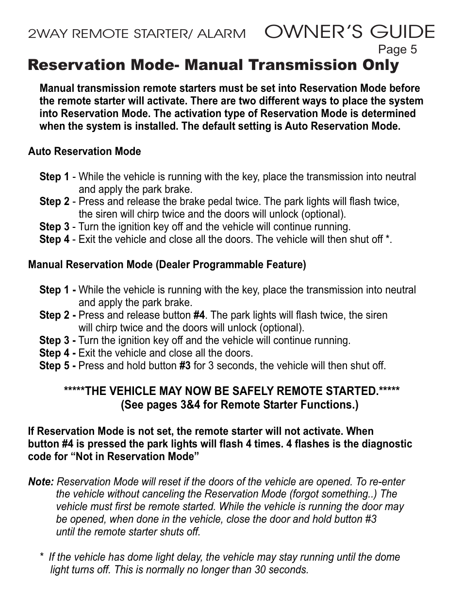 Owner ’s guide, Reservation mode- manual transmission only | Ultra Start 45xx Series User Manual | Page 5 / 16
