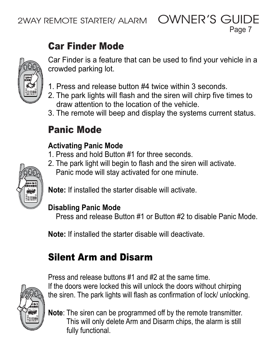 Owner’s guide, Car finder mode, Panic mode | Silent arm and disarm | Ultra Start 45xx Series User Manual | Page 7 / 16