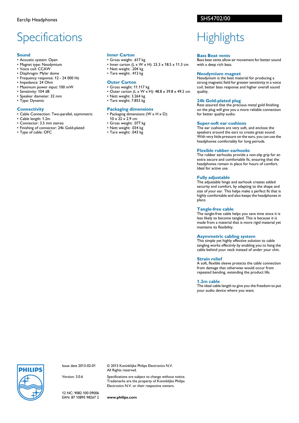 Specifications, Highlights | Philips SHS4702-00 User Manual | Page 2 / 2