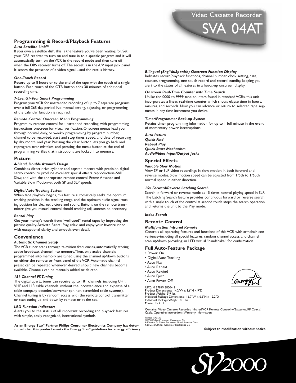 Sva 1 04at, Video cassette recorder | Philips SVA104AT User Manual | Page 2 / 2