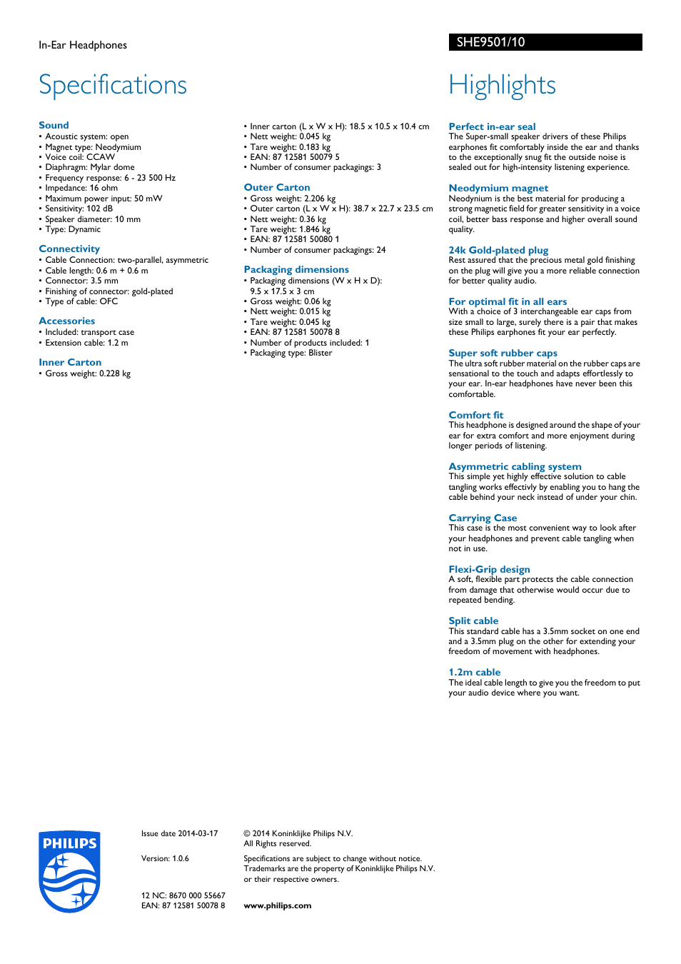 Specifications, Highlights | Philips SHE9501-10 User Manual | Page 2 / 2