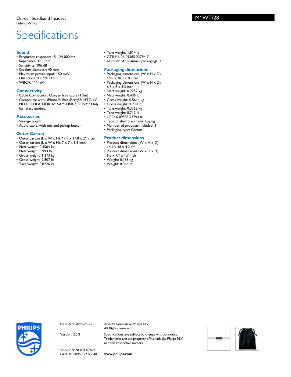 Specifications, M1wt/28 | Philips M1WT-28 User Manual | Page 3 / 3