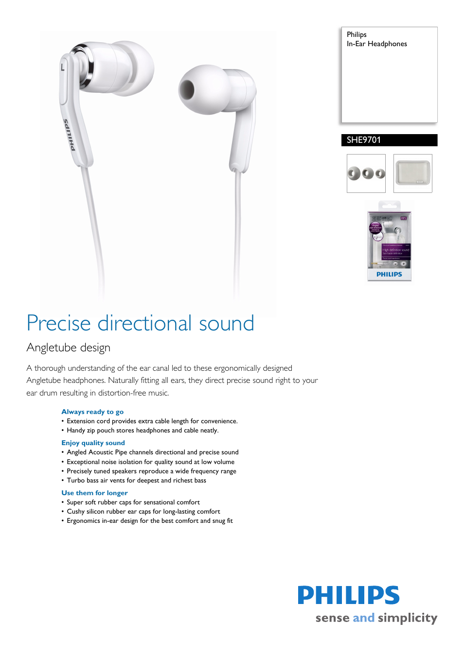 Philips In-Ear Headphones SHE9701 User Manual | 2 pages