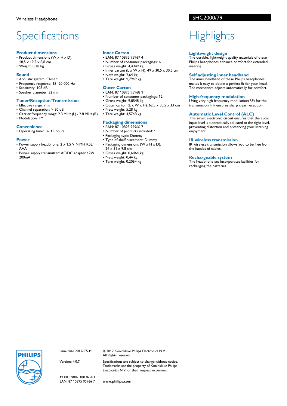 Specifications, Highlights | Philips SHC2000-79 User Manual | Page 2 / 2