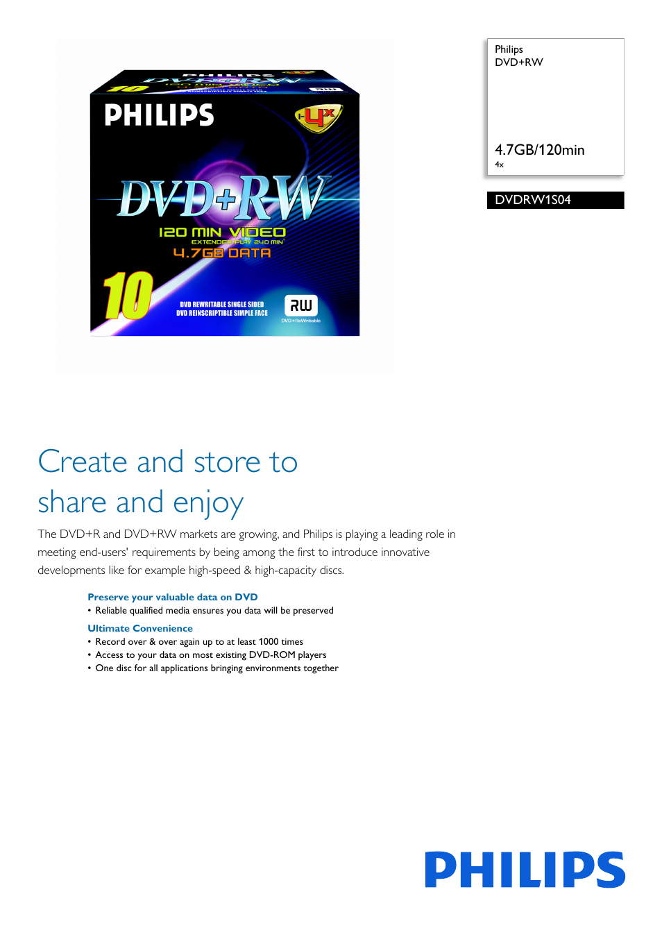 Philips DVDRW1S04-201 User Manual | 2 pages