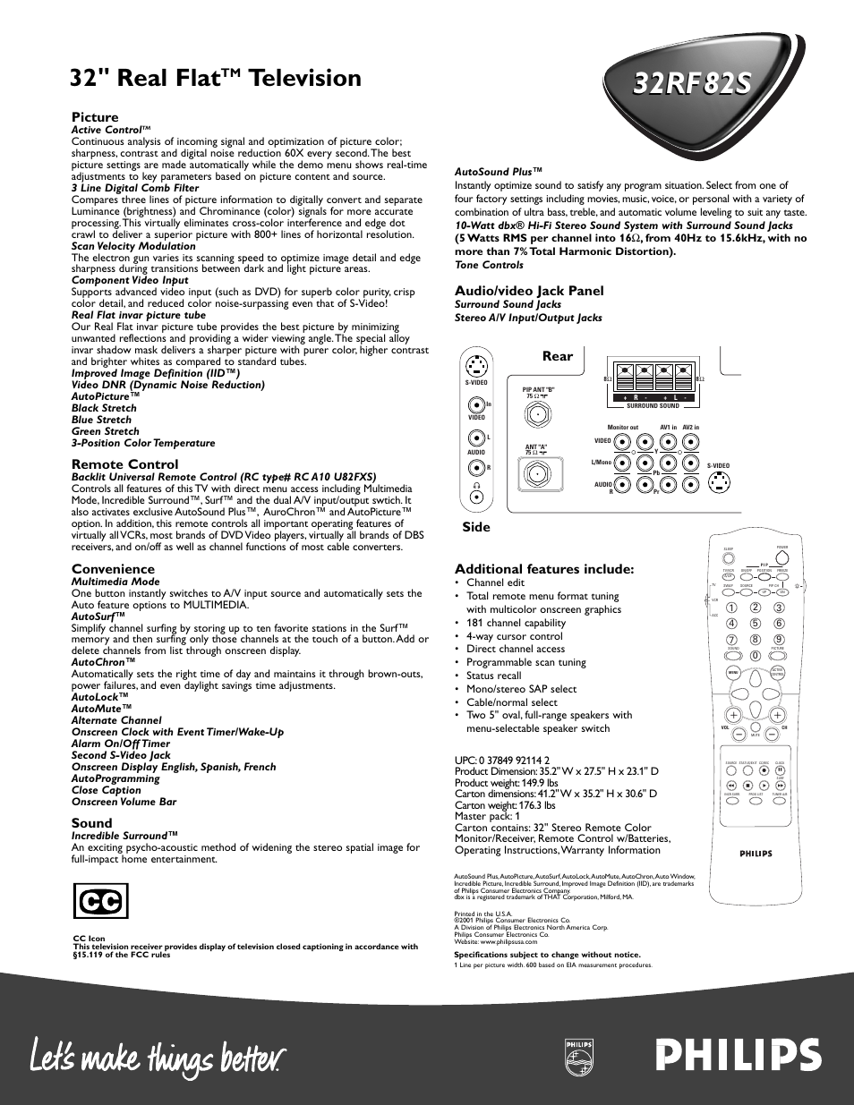 32rf 82s, 32 " real flat, Television | Picture, Remote control, Convenience, Sound, Audio/video jack panel, Additional features include, Side rear | Philips 32RF82S User Manual | Page 2 / 2