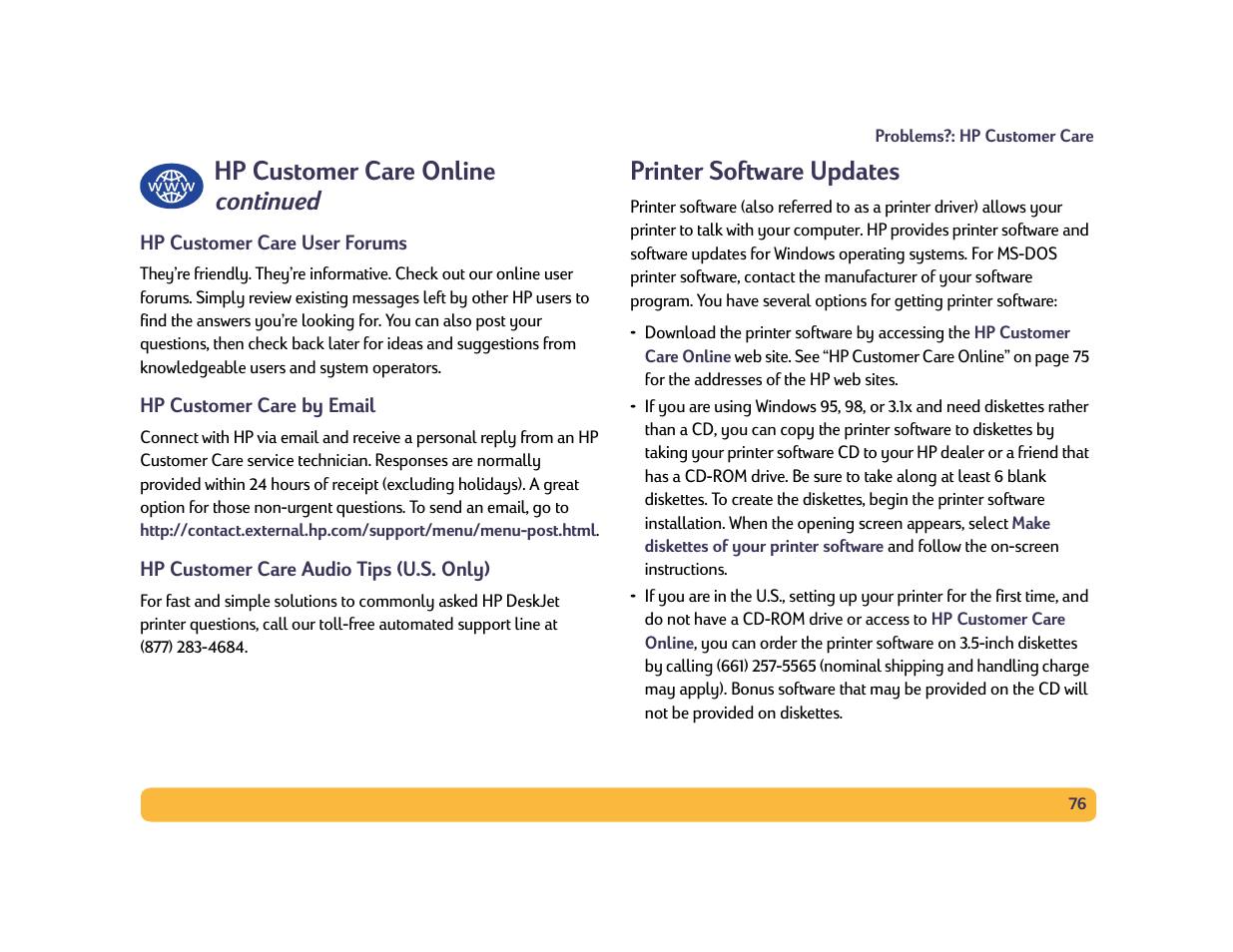 Hp customer care online continued, Printer software updates | Philips PORTABLE RADIO CASS REC + CD User Manual | Page 76 / 102