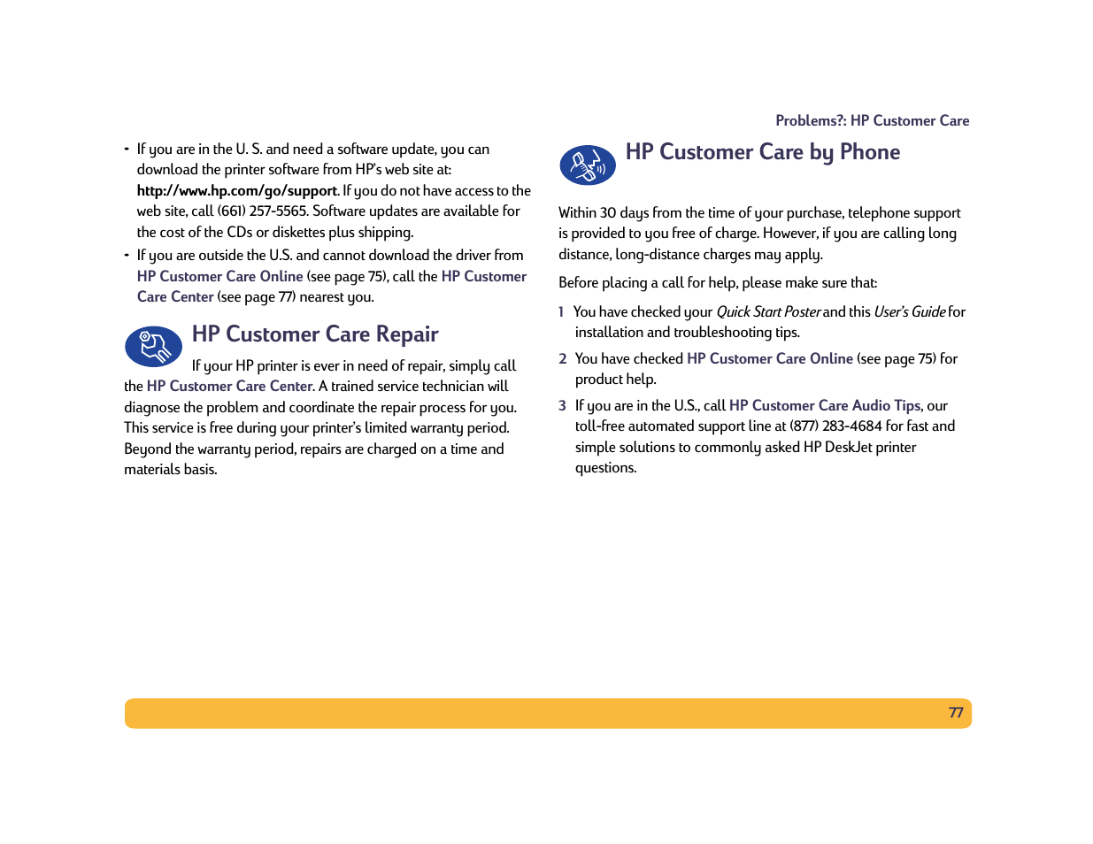 Hp customer care repair, Hp customer care by phone, 77 hp customer care by phone | Philips PORTABLE RADIO CASS REC + CD User Manual | Page 77 / 102