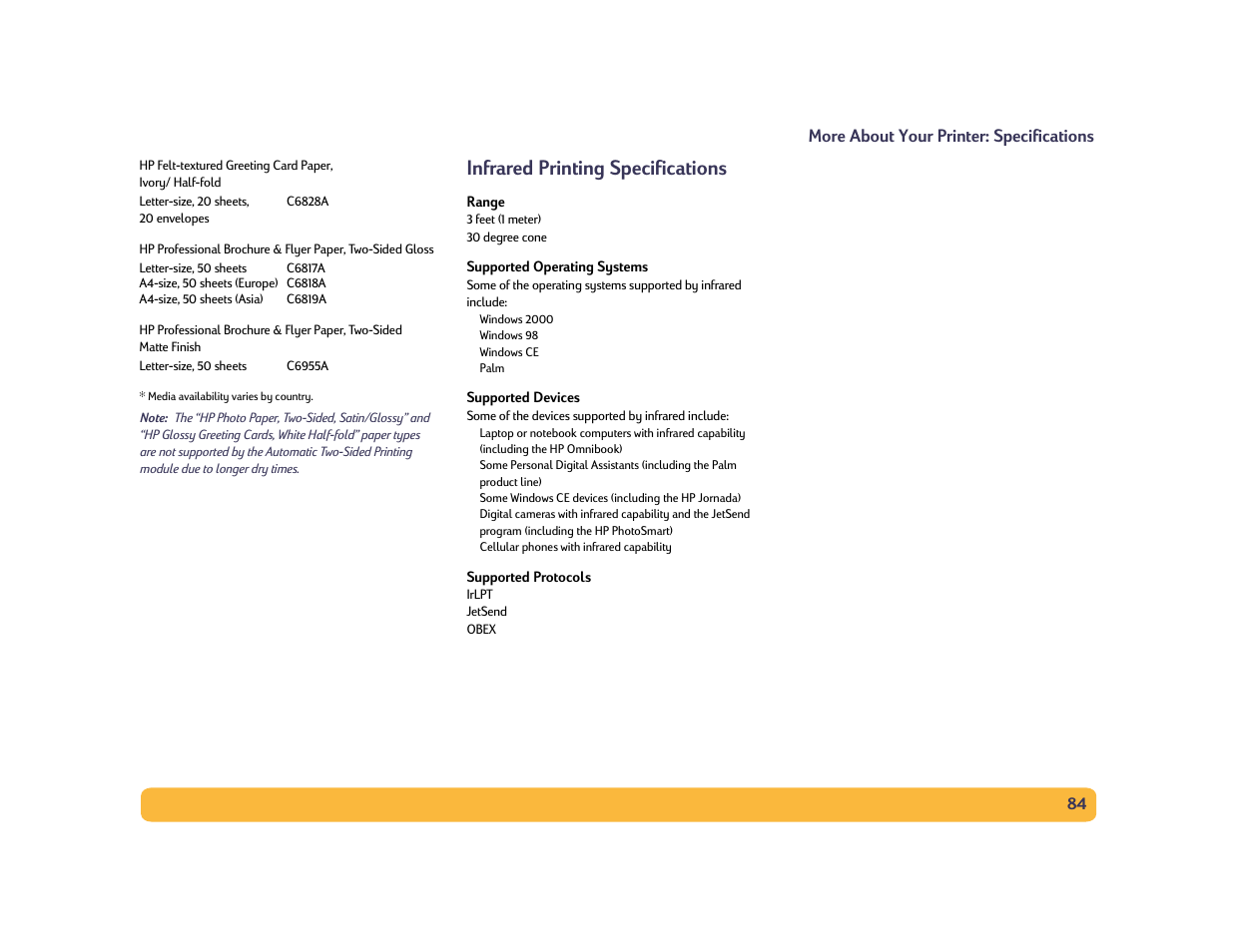 Infrared printing specifications, 84 more about your printer: specifications | Philips PORTABLE RADIO CASS REC + CD User Manual | Page 84 / 102