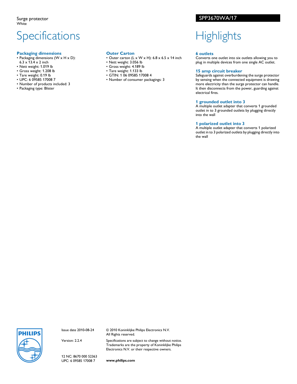 Specifications, Highlights | Philips SPP3670WA-17 User Manual | Page 2 / 2