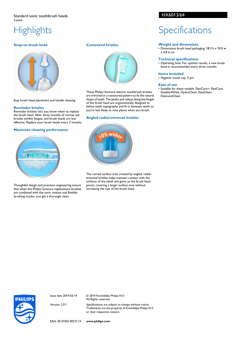 Highlights, Specifications | Philips HX6013-64 User Manual | Page 2 / 2