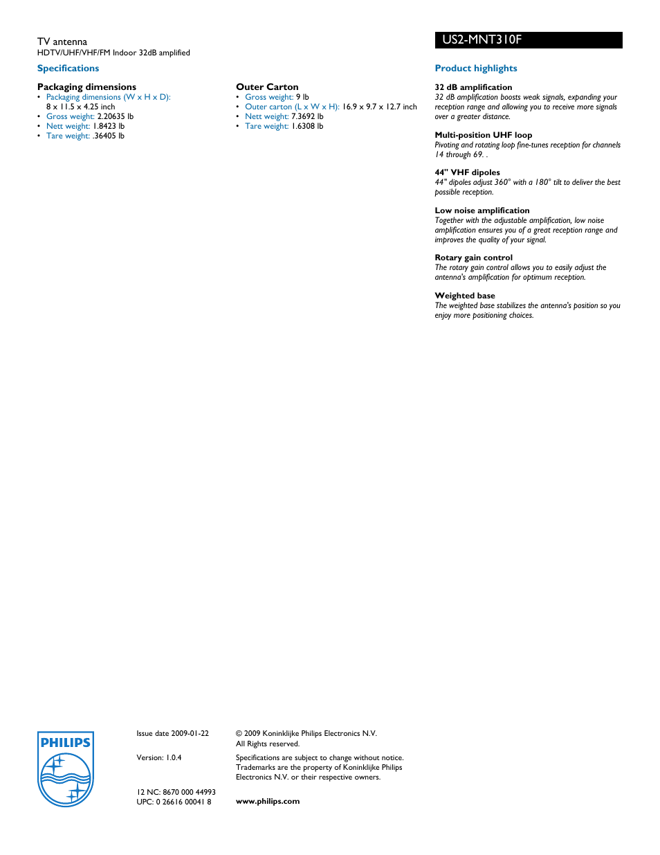 Us2-mnt310f | Philips US2-MNT310F User Manual | Page 2 / 2