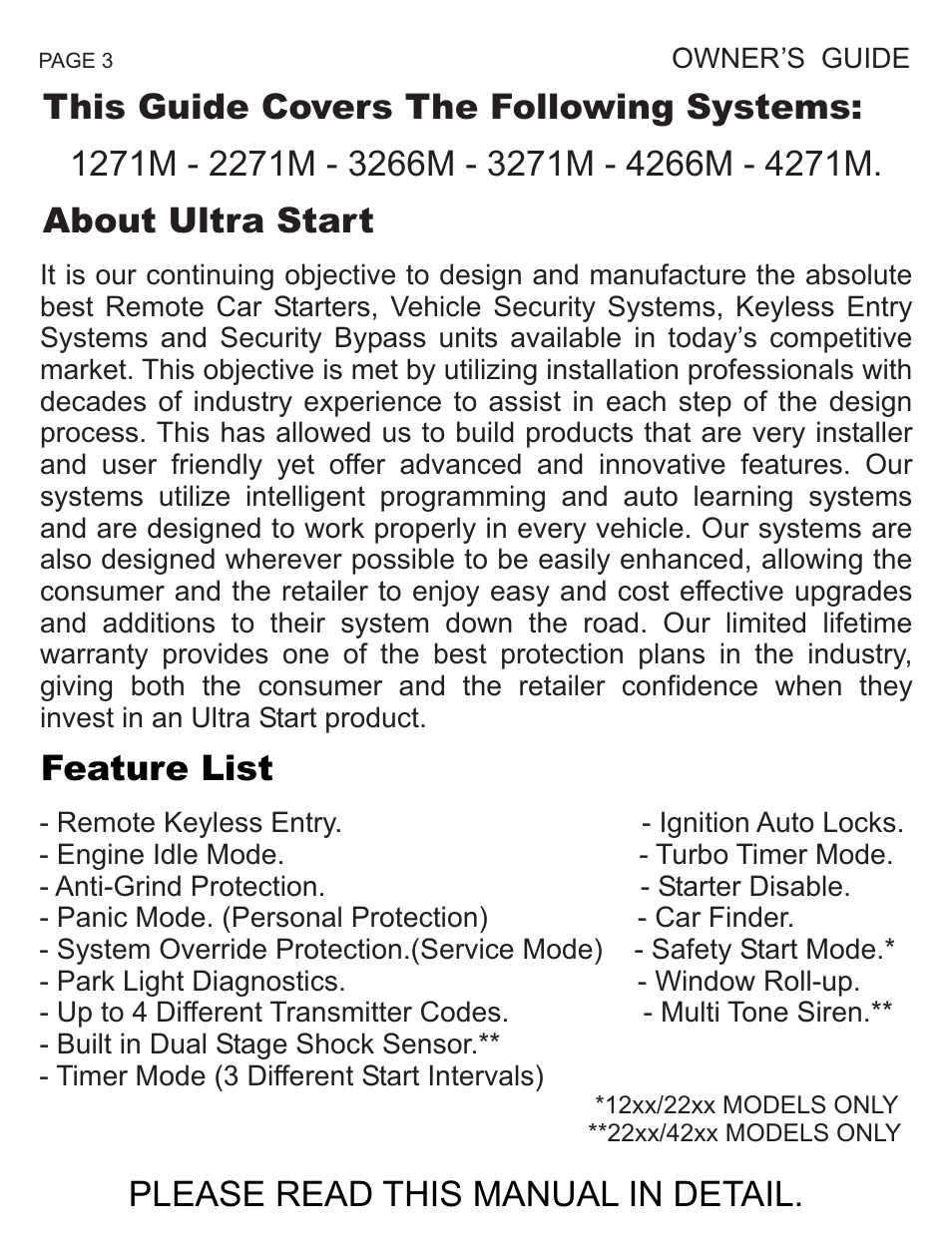 Feature list, Please read this manual in detail, This guide covers the following systems | Ultra Start 1271M User Manual | Page 3 / 20