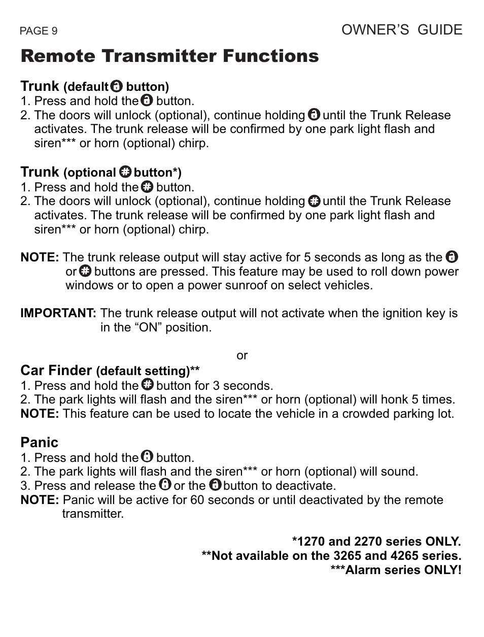 Remote transmitter functions | Ultra Start 1271M User Manual | Page 9 / 20