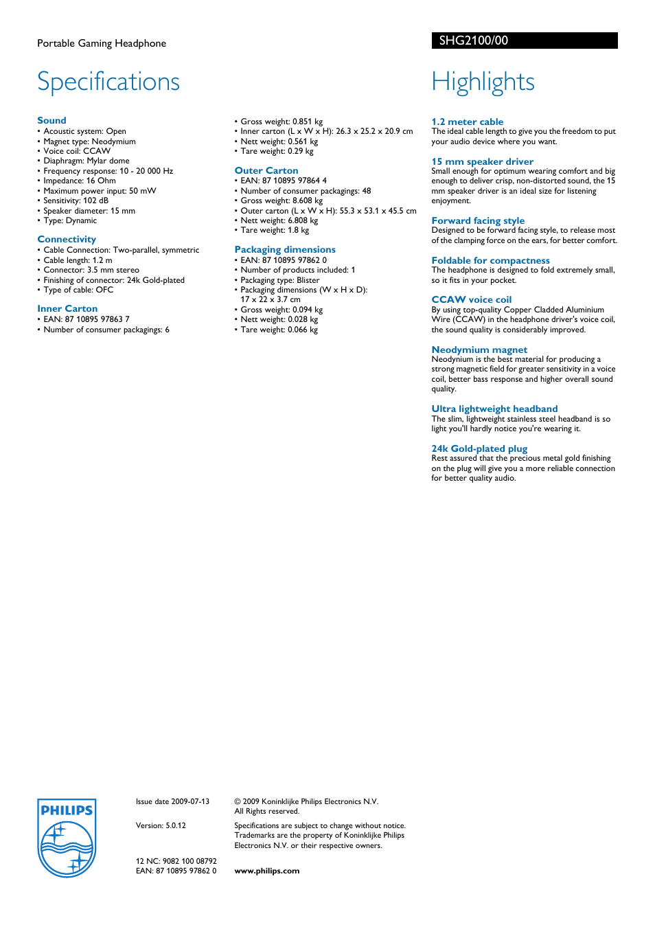 Specifications, Highlights | Philips Portable Gaming Headphone SHG2100 User Manual | Page 2 / 2