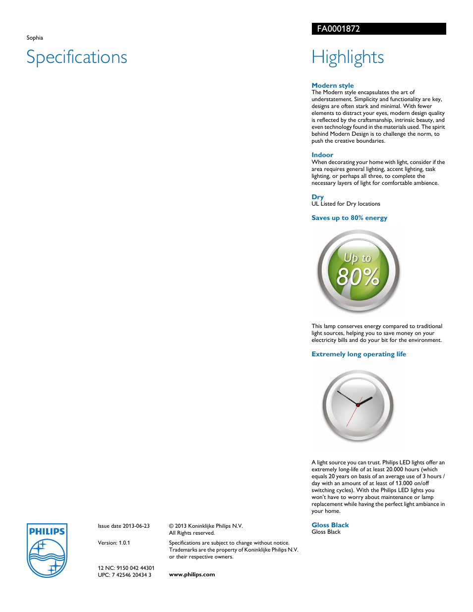 Specifications, Highlights | Philips FA0001872 User Manual | Page 2 / 2