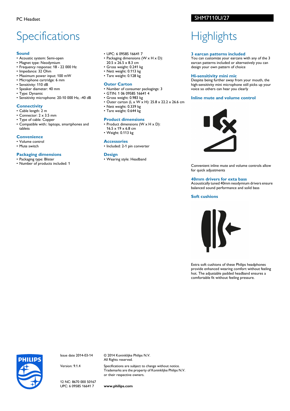 Specifications, Highlights | Philips PC Headset SHM7110U User Manual | Page 2 / 2